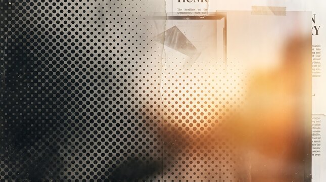 Grunge halftone gradient fading into a soft golden hour light leak, modern editorial collage background