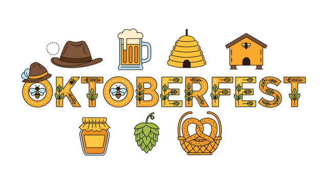 Oktoberfest Festival Typography: Vibrant lettering spells out Oktoberfest adorned with iconic German festival symbols like a beer mug, pretzel, hat, beehive, and hops, celebrating Bavarian culture.