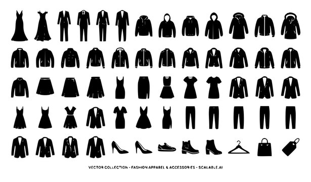 Fashion Apparel Silhouettes Set with Evening Gowns Business Suits and High Heels Vector Collection