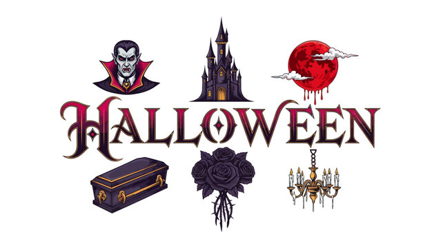 Spooky Halloween Icons: A collection of classic Halloween symbols, including a vampire, haunted castle, blood moon, coffin, dark rose, and ornate candelabra.