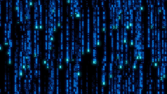 Intricate pixelated digital artwork featuring a dense array of blue squares on a black background, perfect for technology themes, data visualization, and modern design projects
