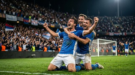 Naklejka premium Emotional professional soccer players kneeling and hugging in celebration of a winning goal