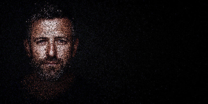 Digital ID Portrait of Man with Face made up of Numbers and Symbols. Blockchain identity Concept with copy-space.