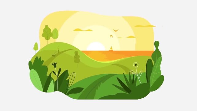 Minimalist Vector Landscape of Sunset over Green Rolling Hills with a Distant Traveler Animation