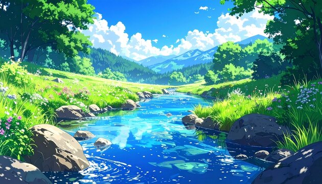 Crystal Clear Mountain Stream in a Lush Green Forest, Anime Style