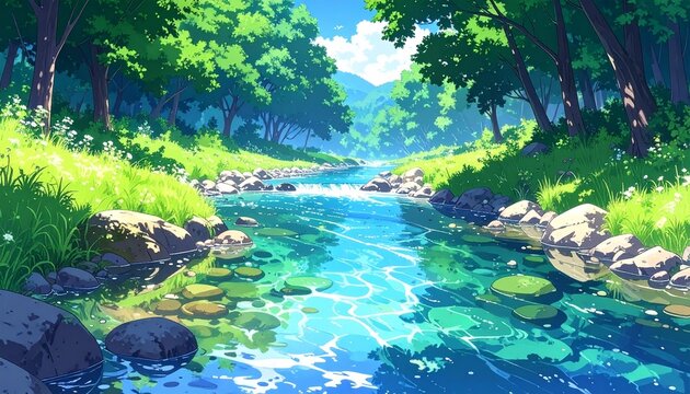 Crystal Clear Mountain Stream in a Lush Green Forest, Anime Style