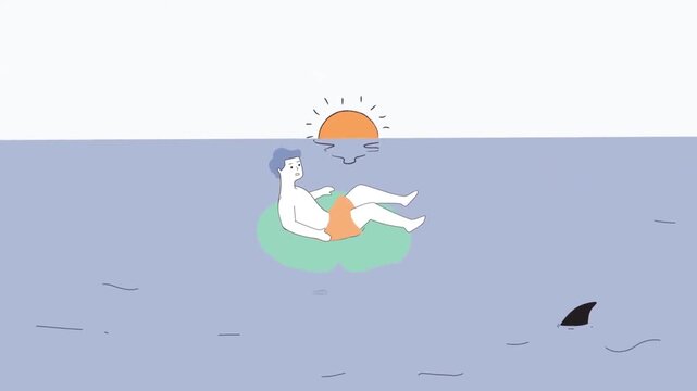 Person Relaxing on Inflatable Tube at Ocean Sunset Unaware of Shark Fin Animation