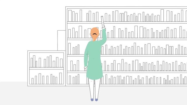 Minimalist Line Art Library Interior with Person Reaching for a Book on High Shelf Animation