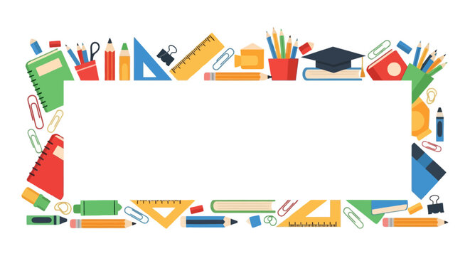 School supplies border with stationery and graduation cap
