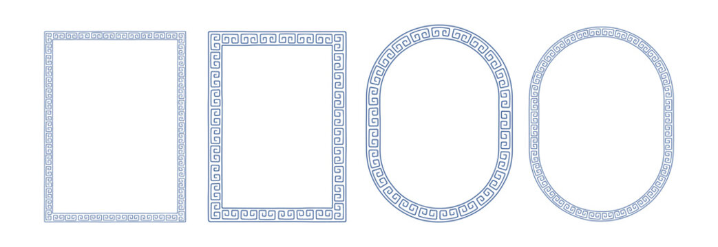 Ancient Greek hand drawn ornament rectangle, oval frame. Hand drawn Rome round square border. Doodle ancient motif border design. Ancient ornament. Vector illustration isolated on white background.