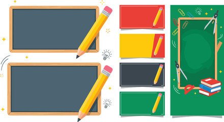 School blackboard banner set with pencil and book elements for education classroom notice illustration vector design © Sukhi