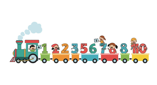 Educational number train with colorful characters and happy children