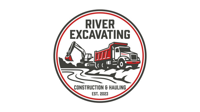 Classic distressed logo featuring heavy construction machinery, including an excavator and a dump truck, symbolizing robust earthmoving, hauling, and building services