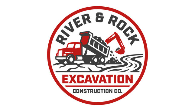 Dynamic logo design for a construction and excavation company, featuring heavy machinery like a dump truck and excavator, symbolizing earthmoving services and land development projects