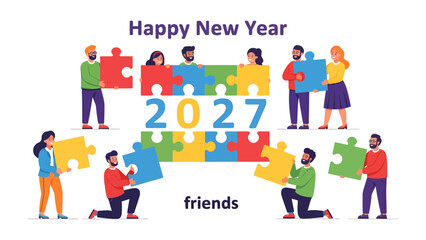 Fototapeta premium New Year's Puzzle: A group of friends collaboratively assemble a vibrant puzzle featuring the year 2027, symbolizing unity and shared goals for the upcoming year.