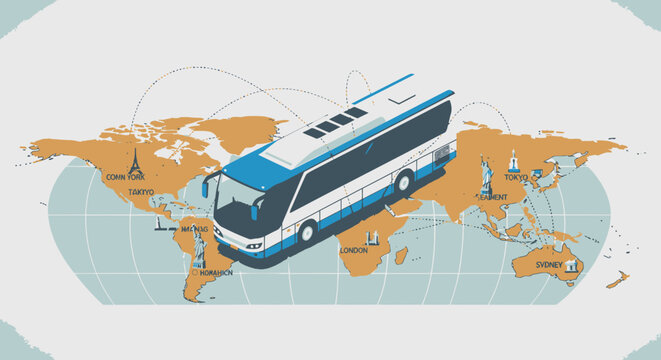 Isometric travel bus over world map with global landmarks