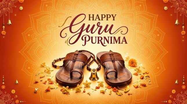 Happy guru purnima horizontal festive banner with holy footprints paduka surrounded by flowers and particles on golden background