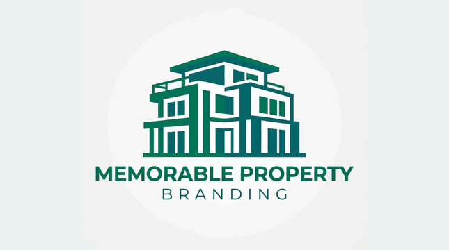 Modern architectural property logo design showcasing a sleek building structure, ideal for real estate branding and memorable property development companies, featuring green and teal colors