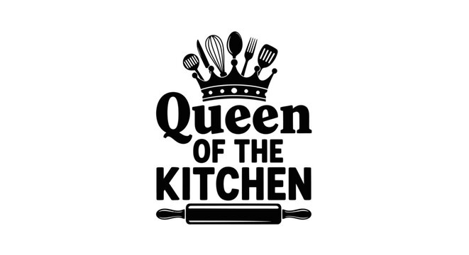 Kitchen queen typography with crown and cooking utensils