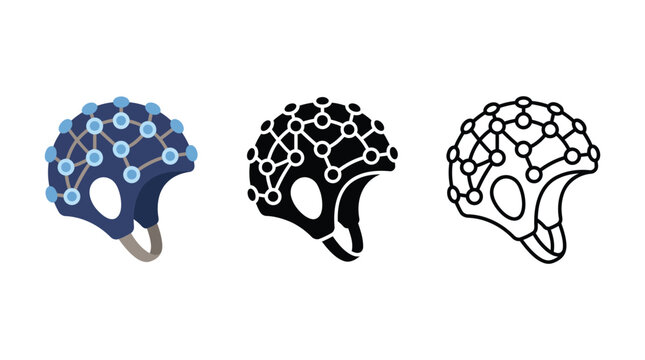 Medical eeg cap with electrodes icon set showing brain activity monitoring device design.