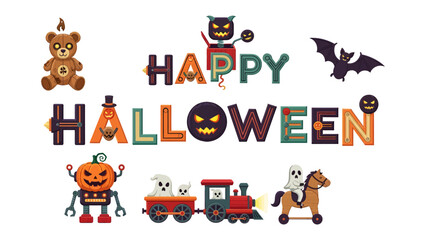Fototapeta premium Happy Halloween Graphic Elements: A whimsical collection of Halloween-themed graphic elements, featuring a cute teddy bear, spooky bats, robotic pumpkins, ghost, train, horse.