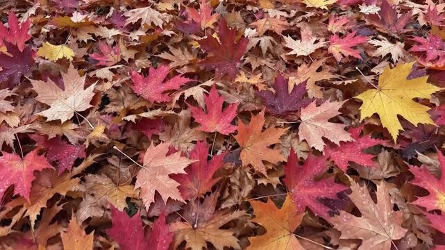 Top view of dense fallen autumn leaves forming natural organic texture background with subtle motion designed for seamless looping use in creative projects seasonal visuals and nature theme