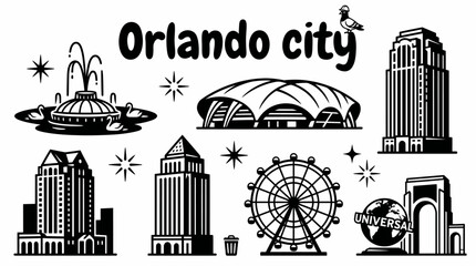 Obraz premium orlando city skyline urban architecture downtown landmark travel tourism america usa landscape set collection metropolitan business culture modern historic destination with theme park lake florida