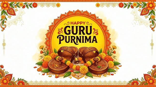Happy guru purnima decorative banner featuring traditional arch layout marigold flower garlands sweets illustrations and glowing oil lamps