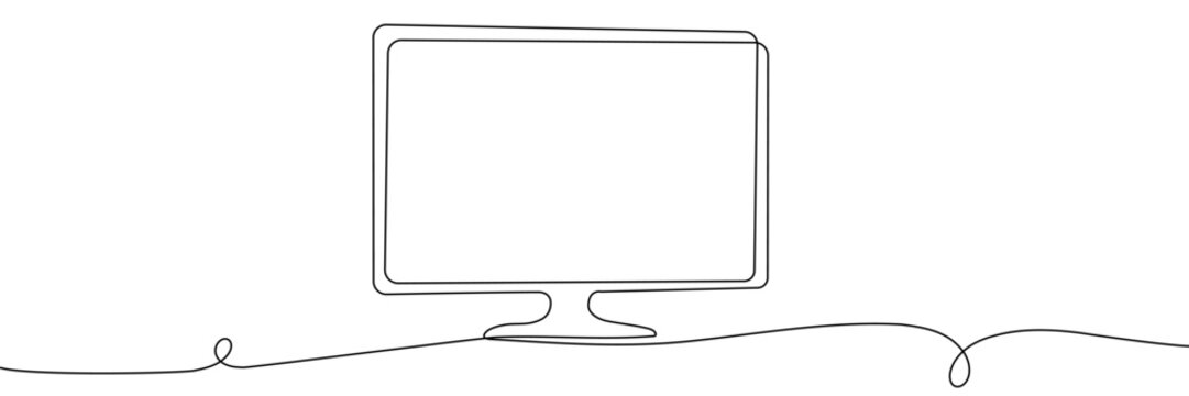 Continuous line art of TV screen with hand-drawn outline. Minimalist one-line television doodle illustration for modern web design and smart home concepts.