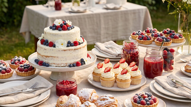 Elegant Patriotic Dessert Table with Cakes and Cupcakes for Independence Day