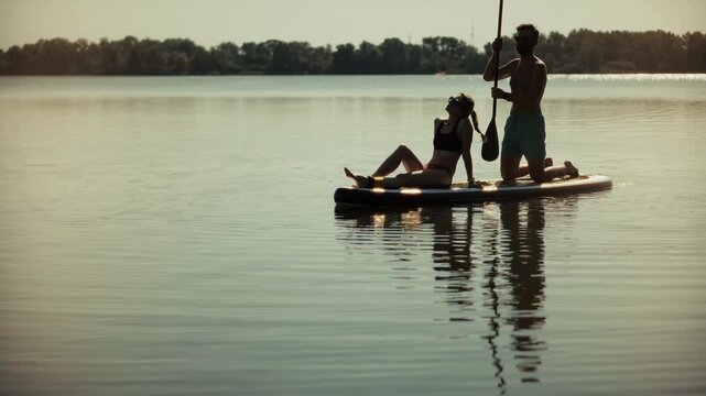 Two Surfers Relaxing On Stand Up Paddleboard On Calm River Surface. Summer Water Activities. Outdoor Leisure 