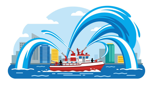 Fireboat Fighting Huge Waves in Urban Harbor with City Skyline Background