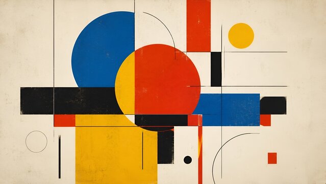 Abstract retro painting with primary colors geometric shapes on beige textured background