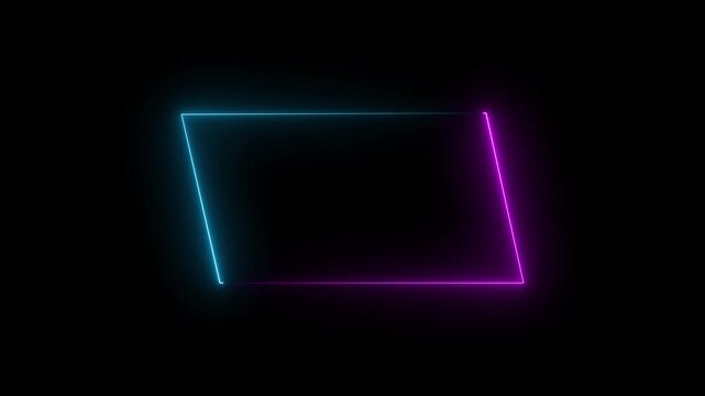 Parallelogram rectangle picture frame with two tone neon color shade motion graphic. Blue and pink light for overlay element. Motion graphics of picture frame on black background.
