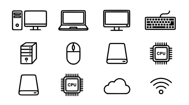 Computer hardware and digital technology line icon vector set featuring laptop pc keyboard mouse cpu and cloud computing symbols