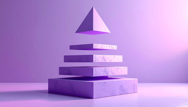 Minimalist 3D Purple Floating Pyramid Geometric Display Platform for Product Presentation and Modern Abstract Creative Design Concept