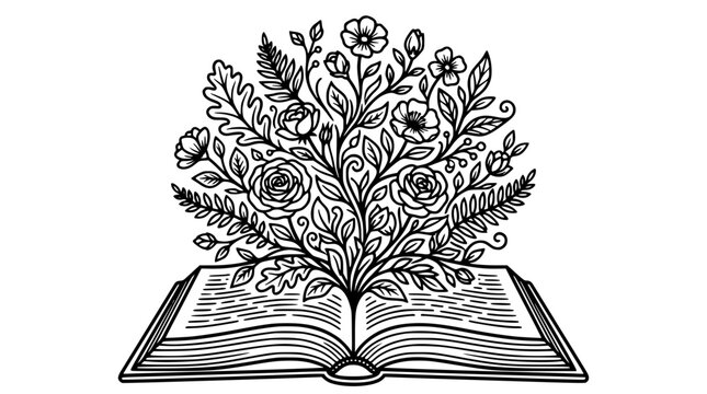 Elegant open book with blooming wild flowers and botanical leaves line art vector illustration for fantasy education concept