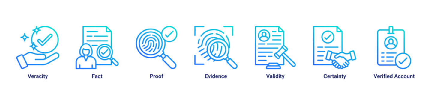 Verified Facts web banner icon vector illustration with icons of Veracity, Fact, Proof, Evidence, Validity, Certainty and Verified Account