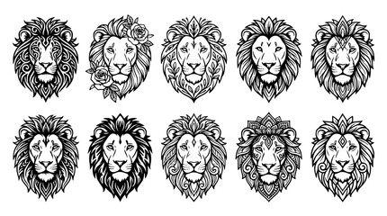 Intricate lion head mascot vector set featuring decorative black line art animal illustrations majestic wild cat faces and baroque floral ornaments © Kulsum