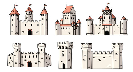 Medieval castle icons with towers and stone walls © andi
