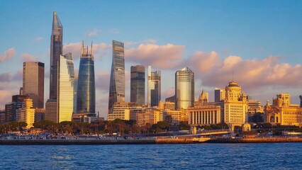 Obraz premium Modern waterfront skyline under blue sky