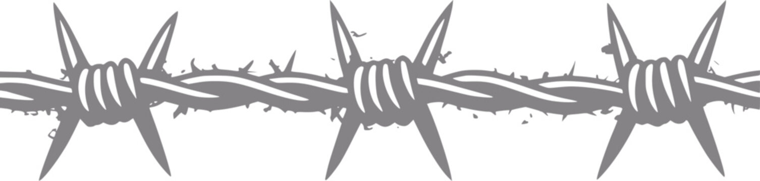 Close-up of a barbed wire fence with sharp spikes on a white background