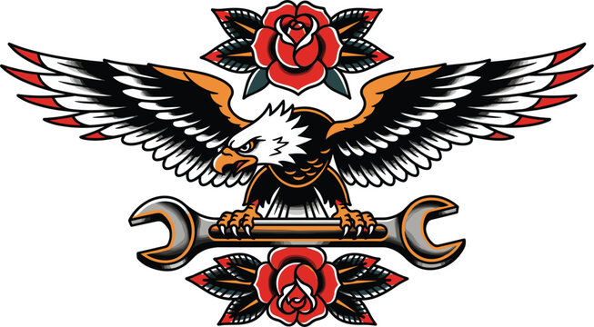 Old school tattoo style eagle vector illustration clutching spanner wrench tool with red roses background graphic.eps