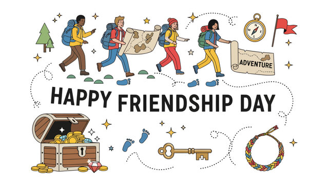 Friendship Day Adventure: A group of friends embarks on an exciting journey, guided by a map, compass, and a sense of camaraderie, celebrating the spirit of friendship and adventure.