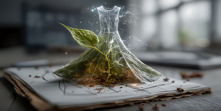 Designs combine dried leaf textures with translucent fibers to create unique couture patterns