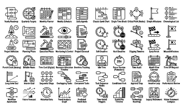 Timeline and Project Planning Outline Icons Editable Stroke Vector Pack