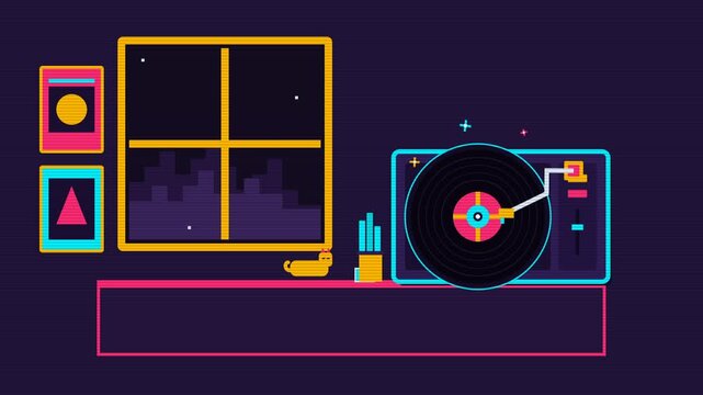 Retro Lo-fi Digital Animation of a Vinyl Record Player and Cat