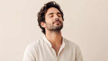 Obraz premium Peaceful Man with Closed Eyes Practicing Mindful Breathing