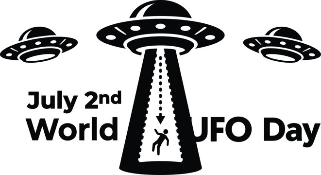 Black and white stencil featuring three flying saucers with a central u f o abducting a human figure and text reading july 2nd u f o day on a white background