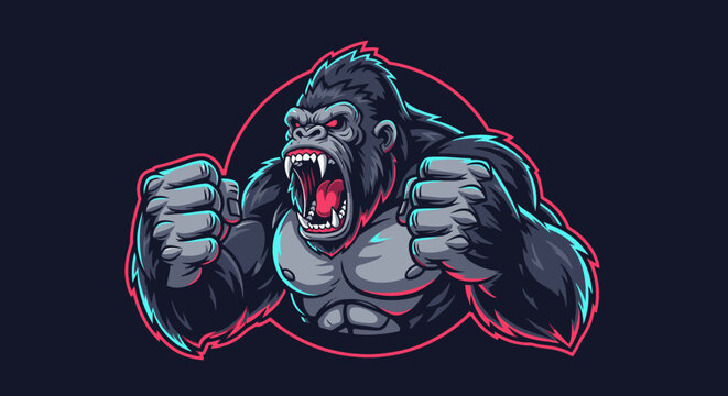 Fierce angry gorilla mascot with clenched fists, roaring aggressively